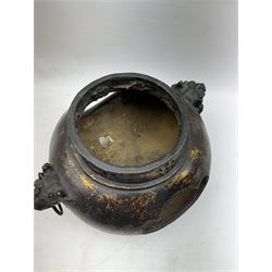 Chinese bronze incense burner, of squat form with mask and tongue handles, H15cm