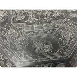 Anglo-Indian octagonal occasional table, with silvered inlay and a central panel depicting a temple scene, H36cm 