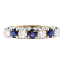 Gold and silver seven stone round brilliant cut diamond and sapphire ring, total diamond weight approx 0.40 carat