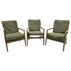 Cintique - set of three beech framed open easy chairs 