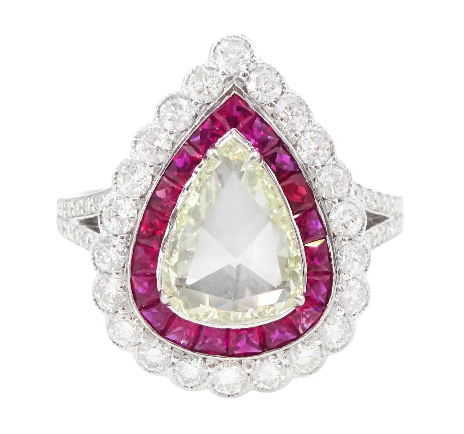 18ct white gold diamond and ruby cluster ring, the principal pear rose cut diamond of approx 1.30 carat, with calibre cut ruby and round brilliant cut diamond surround and diamond set shoulders, stamped 750, total ruby weight approx 1.40 carat, total round brilliant cut diamond weight approx 1.05 carat