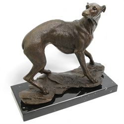 Large 20th century patinated bronze model of a whippet, signed E. Villanis, upon a rectangular marble plinth, H33cm, W15cm, L35cm 