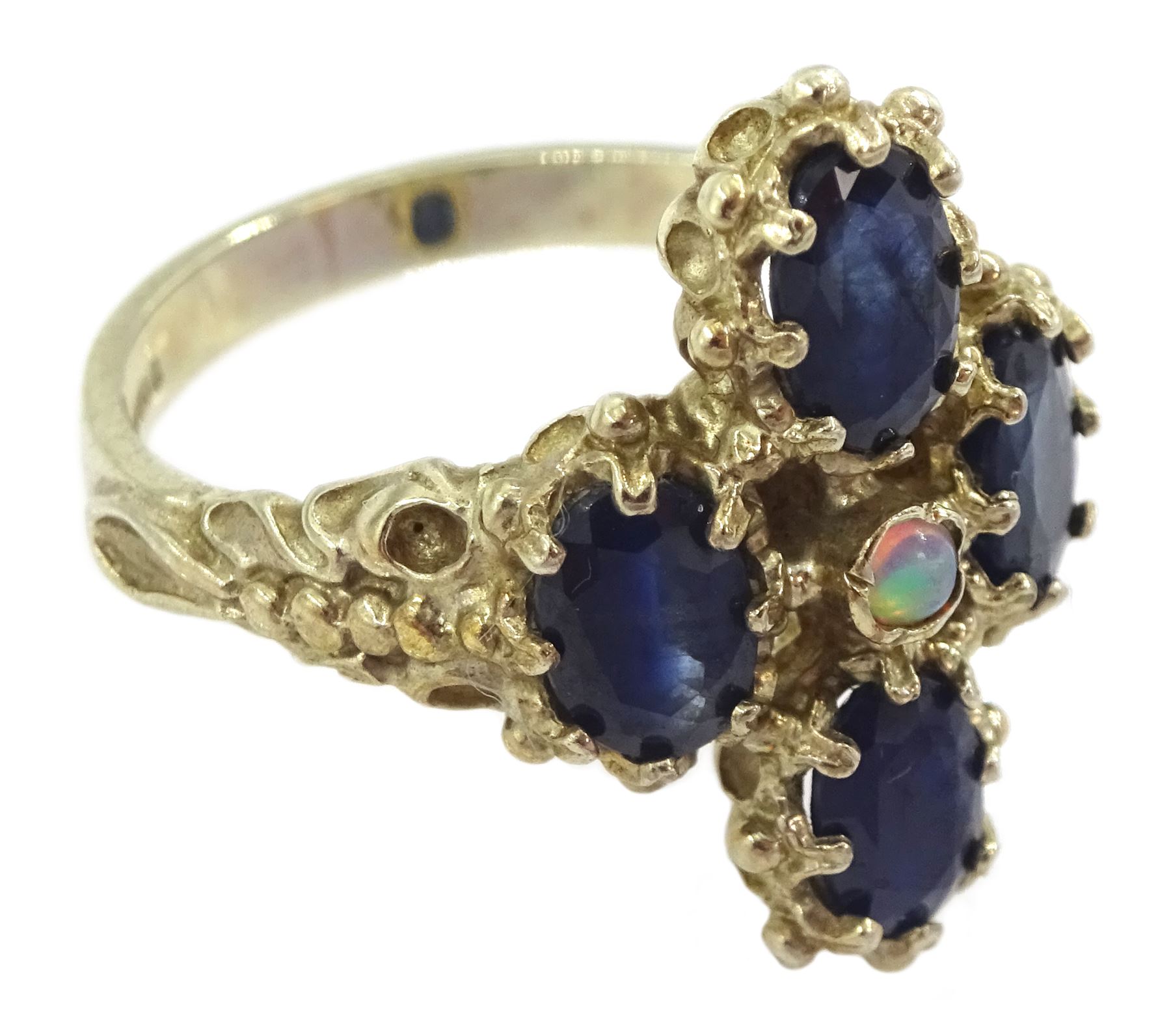 9ct gold four stone oval cut sapphire and opal ring, hallmarked