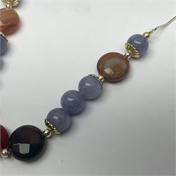 Silver blue lace, red, brown and orange agate necklace, stamped 925