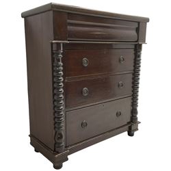 Victorian pine and mahogany chest, rectangular top over moulded frieze drawer and three long drawers, enclosed by half-turned columns, on turned feet