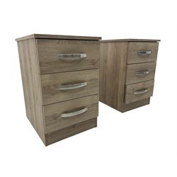 Pair oak finish pedestal chests, each fitted with three drawers