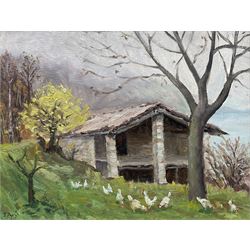 Eugene Fassy (Mid 20th century): Swiss Landscape with Chickens, oil on panel signed, inscr...