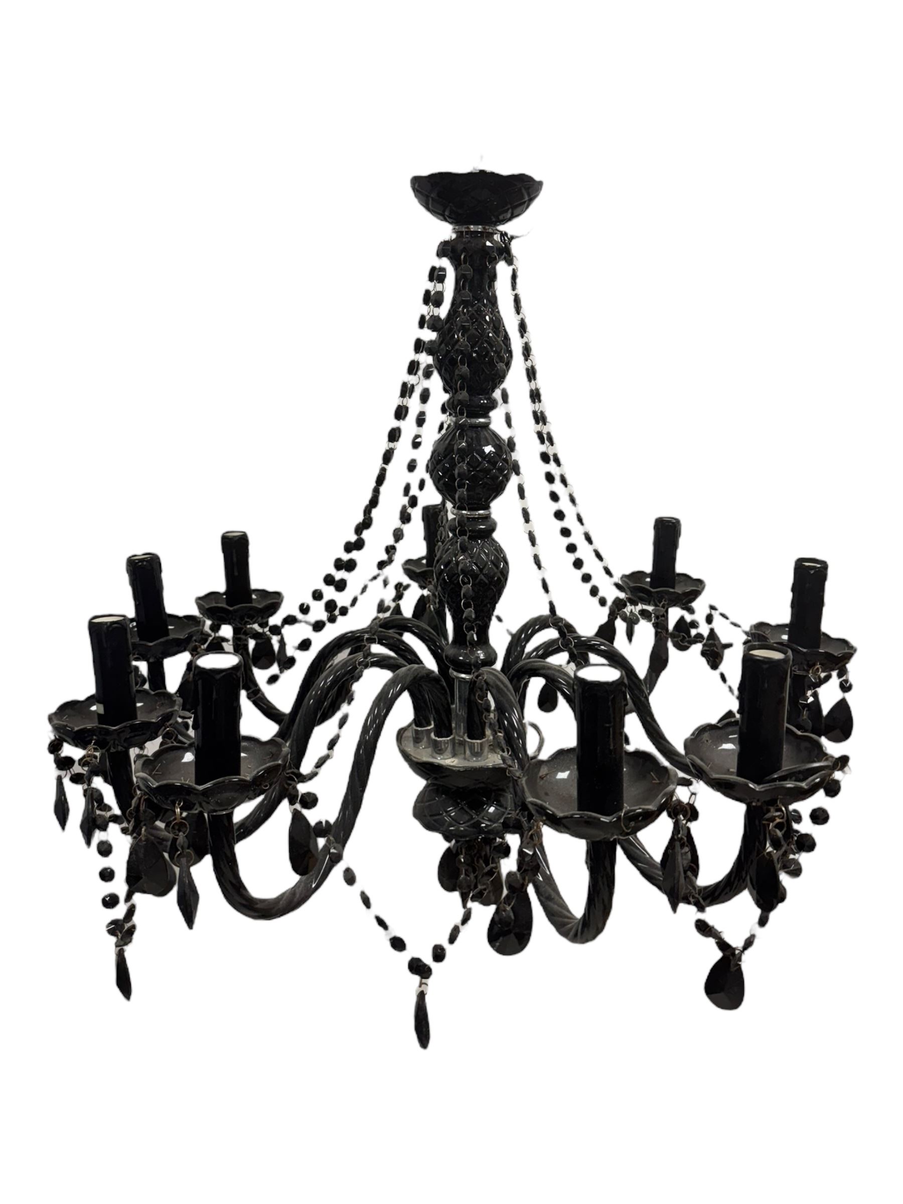 Two classical black glass fourteen branch chandeliers