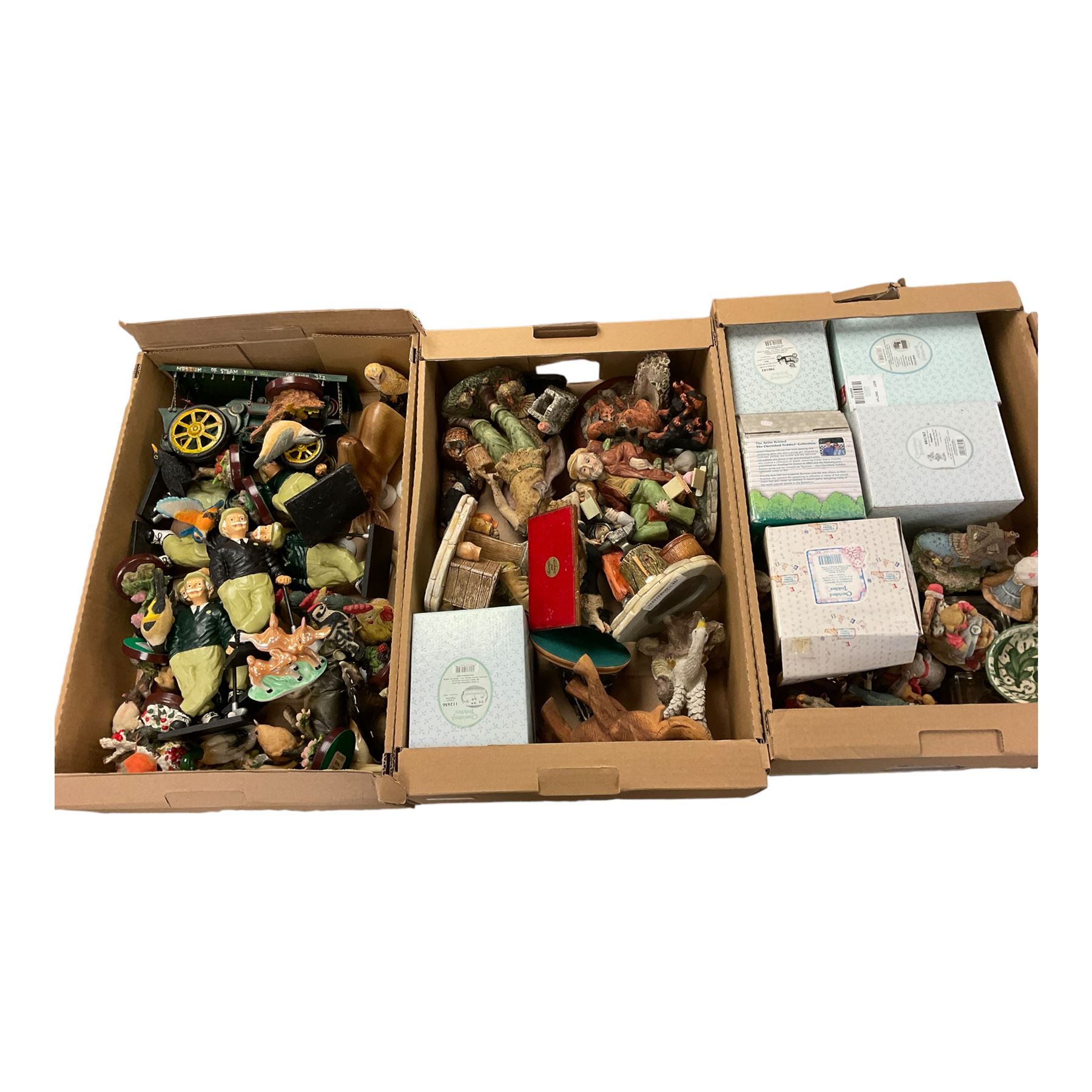 Collection of Cherished Teddies, together with various other composite figures, including golfers, birds, figures etc in three boxes  