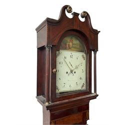 Oak and Mahogany - 8-day longcase clock c1830 with a swan necked pediment and break arch hood door beneath flanked by reeded pilasters with Corinthian capitals,  trunk with three quarter reeded columns and a short door with canted corners, on a conforming plinth with a raised panel, painted dial with Arabic numerals, painted birds to the spandrels and a depiction of a soldier and encampment to the arch, with subsidiary calendar aperture and seconds dial, makers name indistinct, with a rack striking movement striking the hours on a bell.  No weights or pendulum.