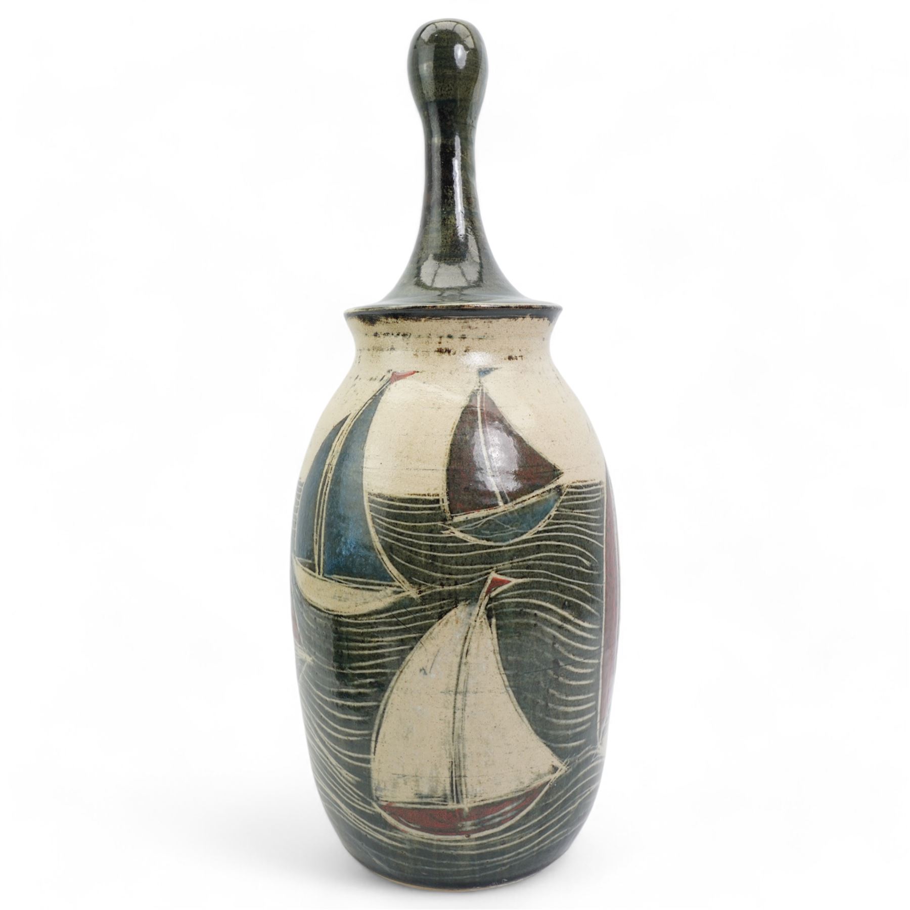 John Egerton (c1945-): Studio pottery stoneware lamp base, decorated with  sailing boats on choppy seas, signed and dated (20)18, H53cm 