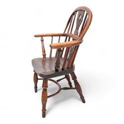 19th century yew wood and elm Child's Windsor armchair, double hoop and stick back with pierced splat, dished seat on turned supports united by crinoline stretcher, impressed maker's mark beneath 'V' 