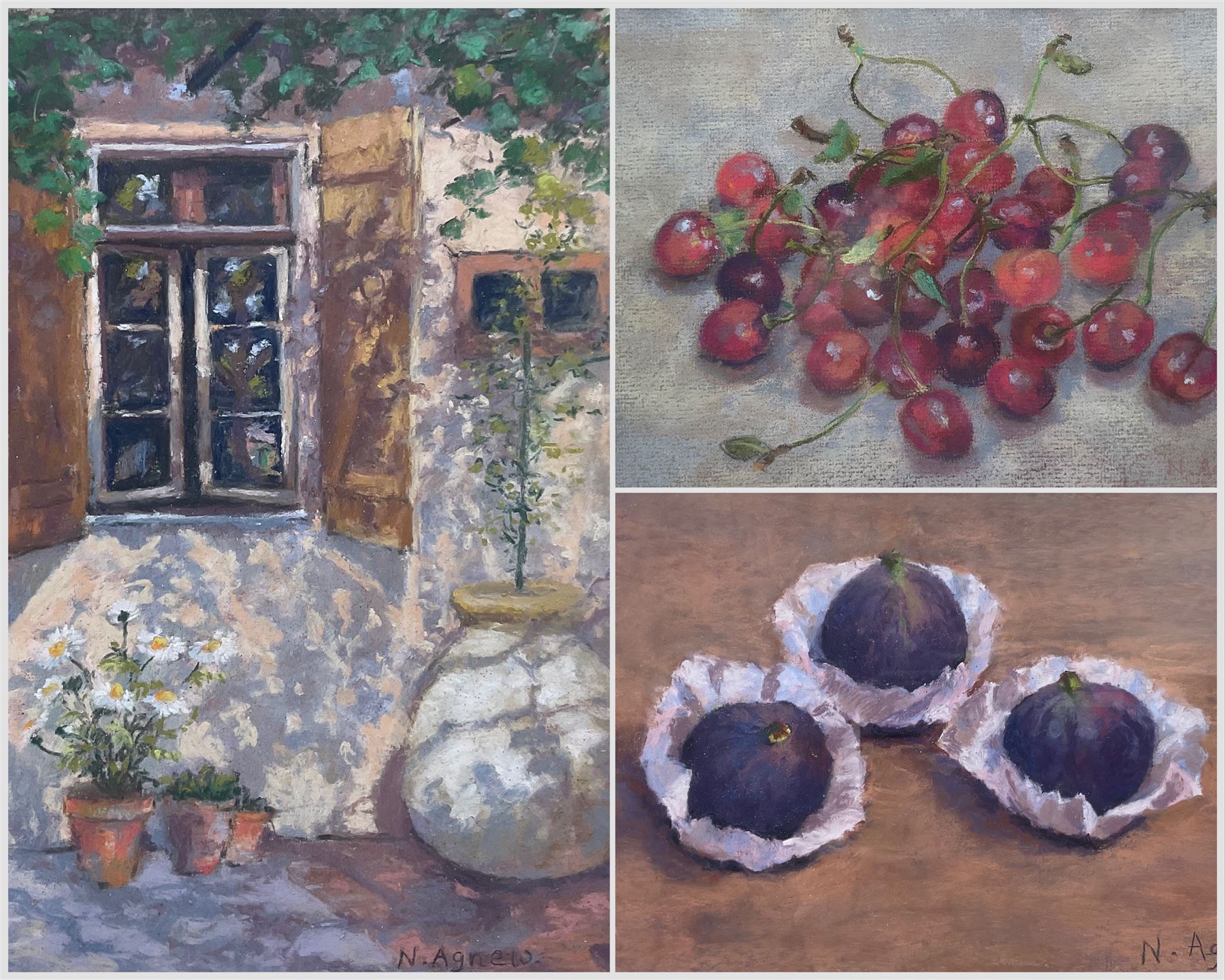 Nancy Agnew (British 20th century): Still Life of Cherries and Figs and Cottage Scene, set three pastels signed max 24cm x 19cm (3)