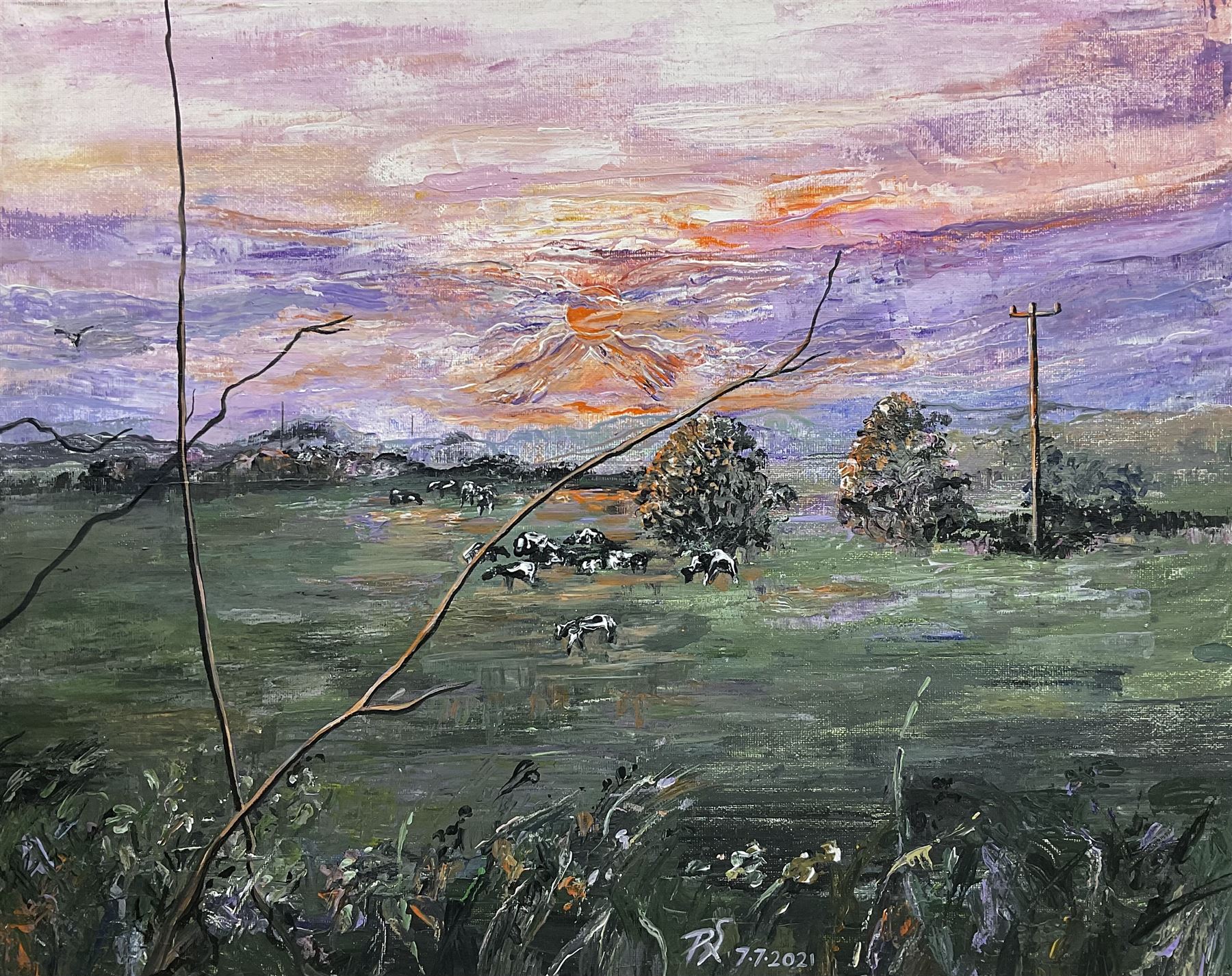 Paula Seller (Northern British Contemporary): 'Rural Sunset', acrylic on canvas signed with monogram and dated 2021, titled verso 41cm x 51cm (unframed)