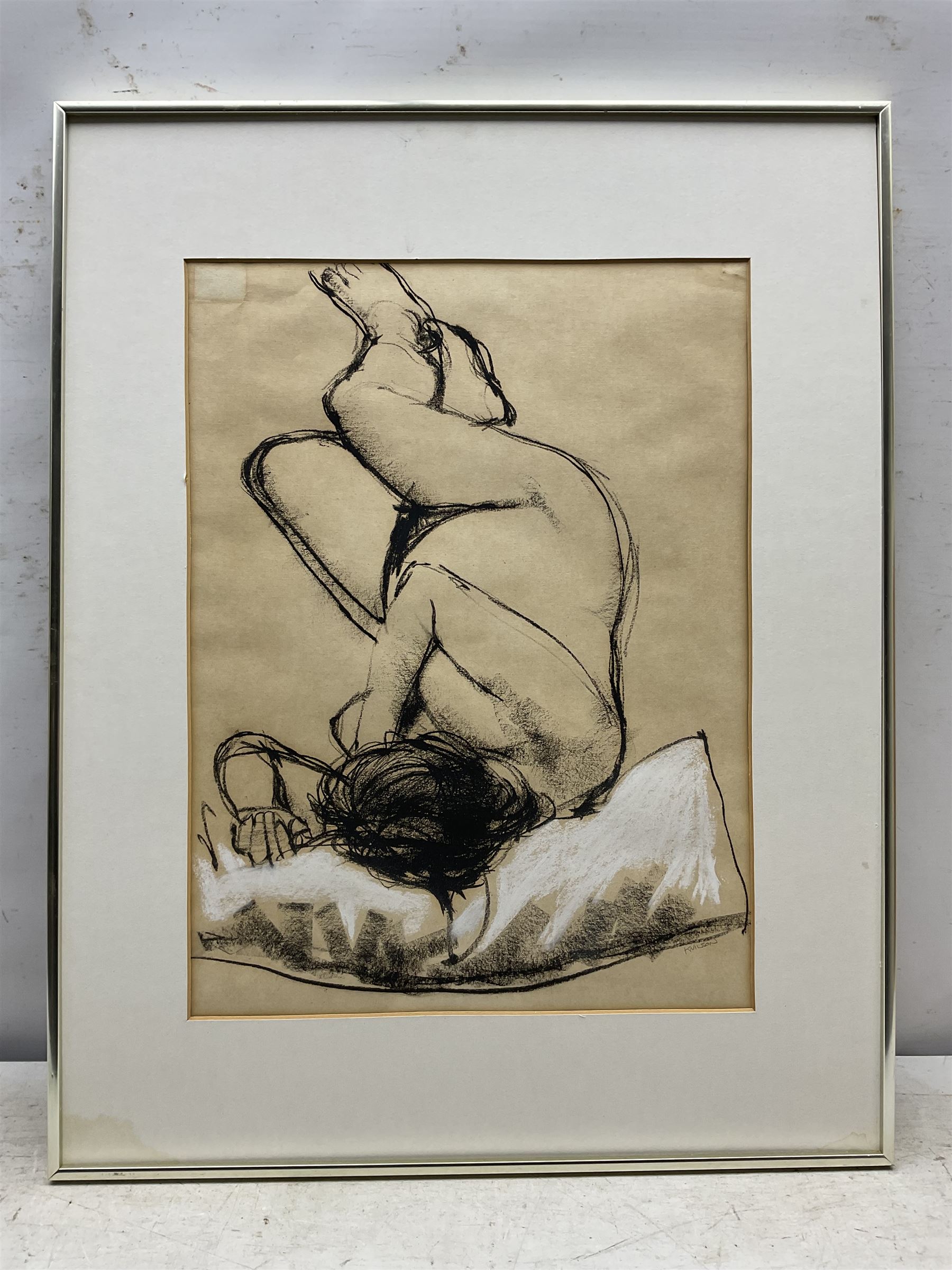 Kenneth Blues Wilson (Scottish 1946-): Nude Study of Sleeping Woman, charcoal heightened with white chalk signed 50cm x 38cm