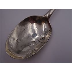 17th century silver trifid spoon, marks worn and indistinct, together with an Old English pattern silver spoon