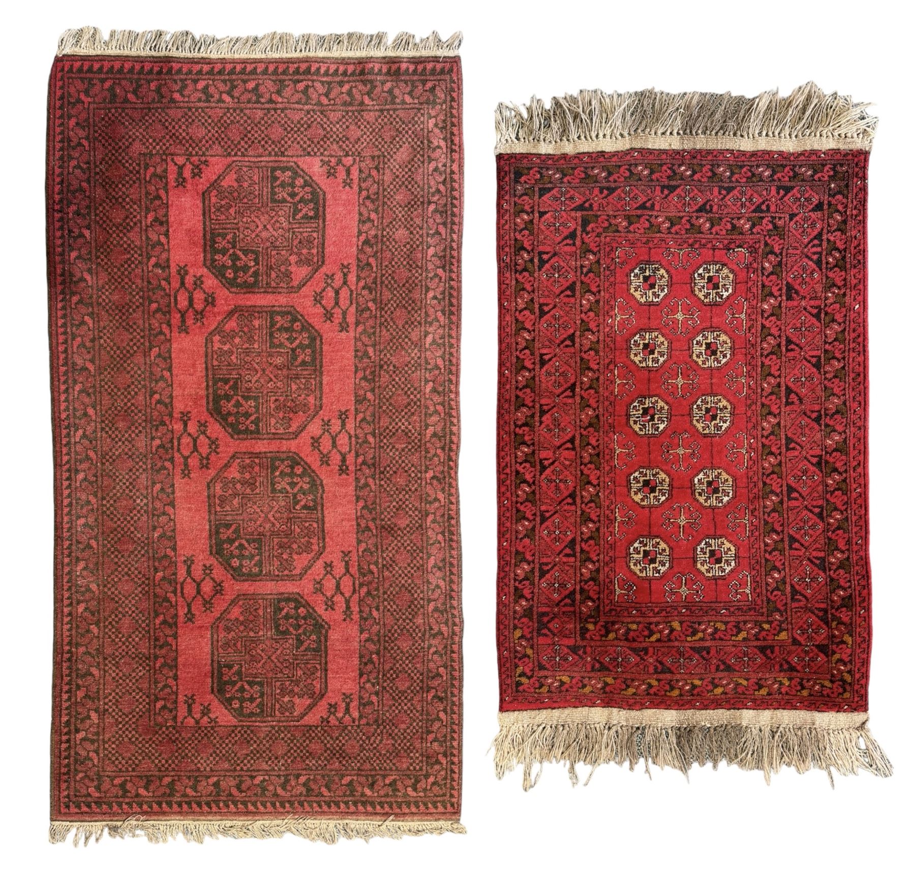 Afghan red ground Bokhara rug, decorated with four central Gul motifs, enclosed by wide geometric guard bands (191cm x 104cm); together with another similar (120cm x 79cm)