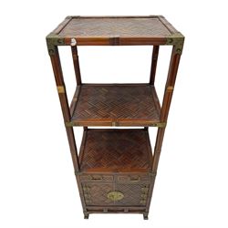 Chinese design bamboo and wood what-not or etagere, parquetry lattice-work bamboo, three tiers over two small drawers and cupboard