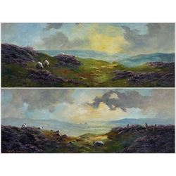 Lewis Creighton (British 1918-1996): Sheep Grazing Amongst Heather Moorland, pair oils on board signed 27cm x 64cm (2)