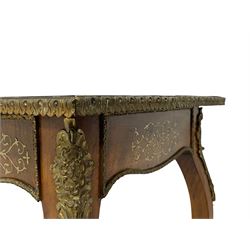 In the manner of Émile Gallé - late 19th to early 20th century inlaid walnut side table, rectangular top inlaid with Japonisme decoration depicting birds within trees, figured crossbanding and cast gilt foliate applied edge, single frieze drawer inlaid with scrolling brass work, on cabriole supports with ornate floral mounts