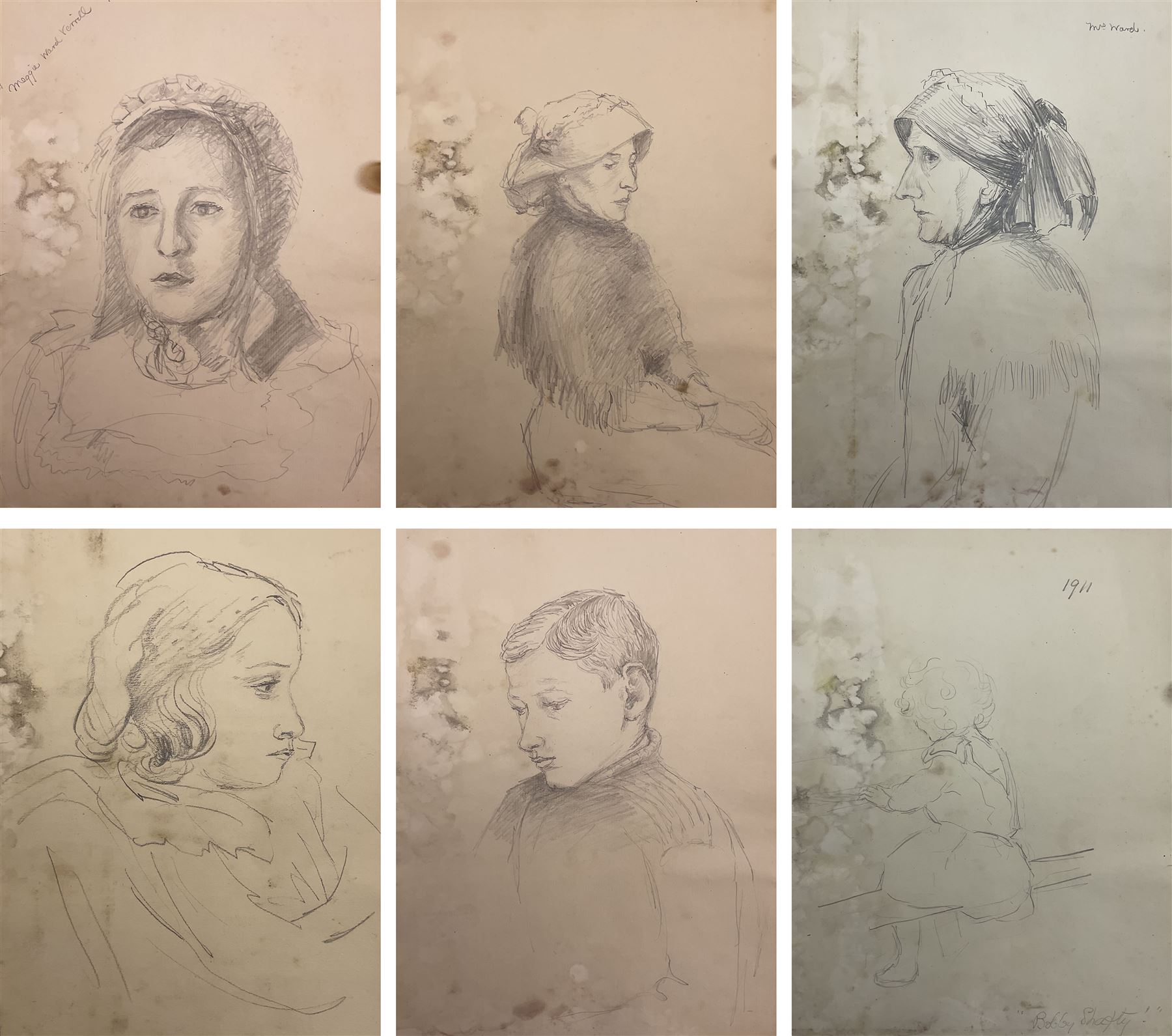 Attrib. Harold Knight (Staithes Group 1874-1961): 'Maggie Ward Verrill' 'Mrs Hannah Ward' et al., six pencil sketches unsigned some titled 26cm x 20cm (6) (unframed) 
Provenance: Hannah Ward was the vendor's great great grandmother and Margaret Verrill, Hannah's daughter. The Ward/Verrill families who lived in Gun Gutter and Church Street Staithes, had connections with Harold Knight. Hannah who owned three or four cobles and several properties in Staithes probably features in several of Knight's paintings.