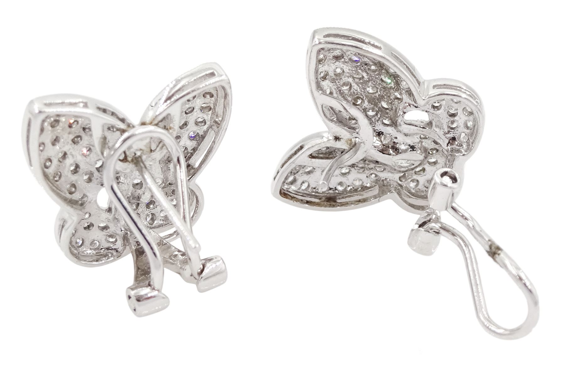 18ct white gold pave set diamond butterfly suite including ring, pair of stud earrings and pendant / brooch, all stamped 750