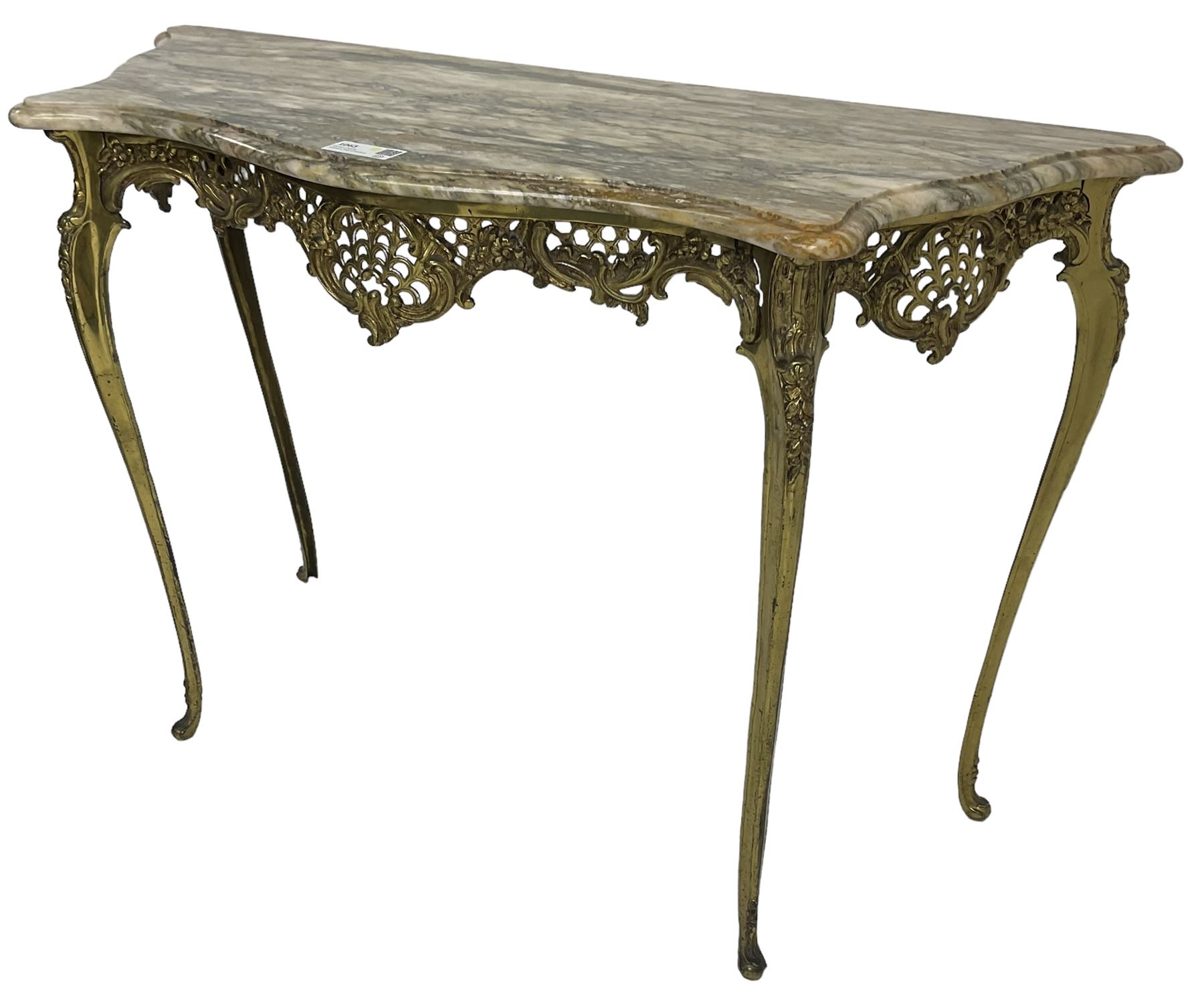 Louis XVI design serpentine front console table, shaped marble top over a cast brass base, the apron pierced and decorated with c-scrolls and foliate cartouche motifs, on cabriole supports with floral patterned knees