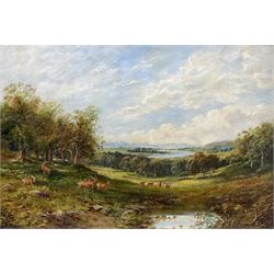 J Burgess (19th century): Scottish Landscape with Deer, oil on board signed 43cm x 63cm