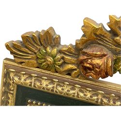 Spanish style wood and composite wall mirror, flower head pediment over plain mirror plate, foliate moulded frame