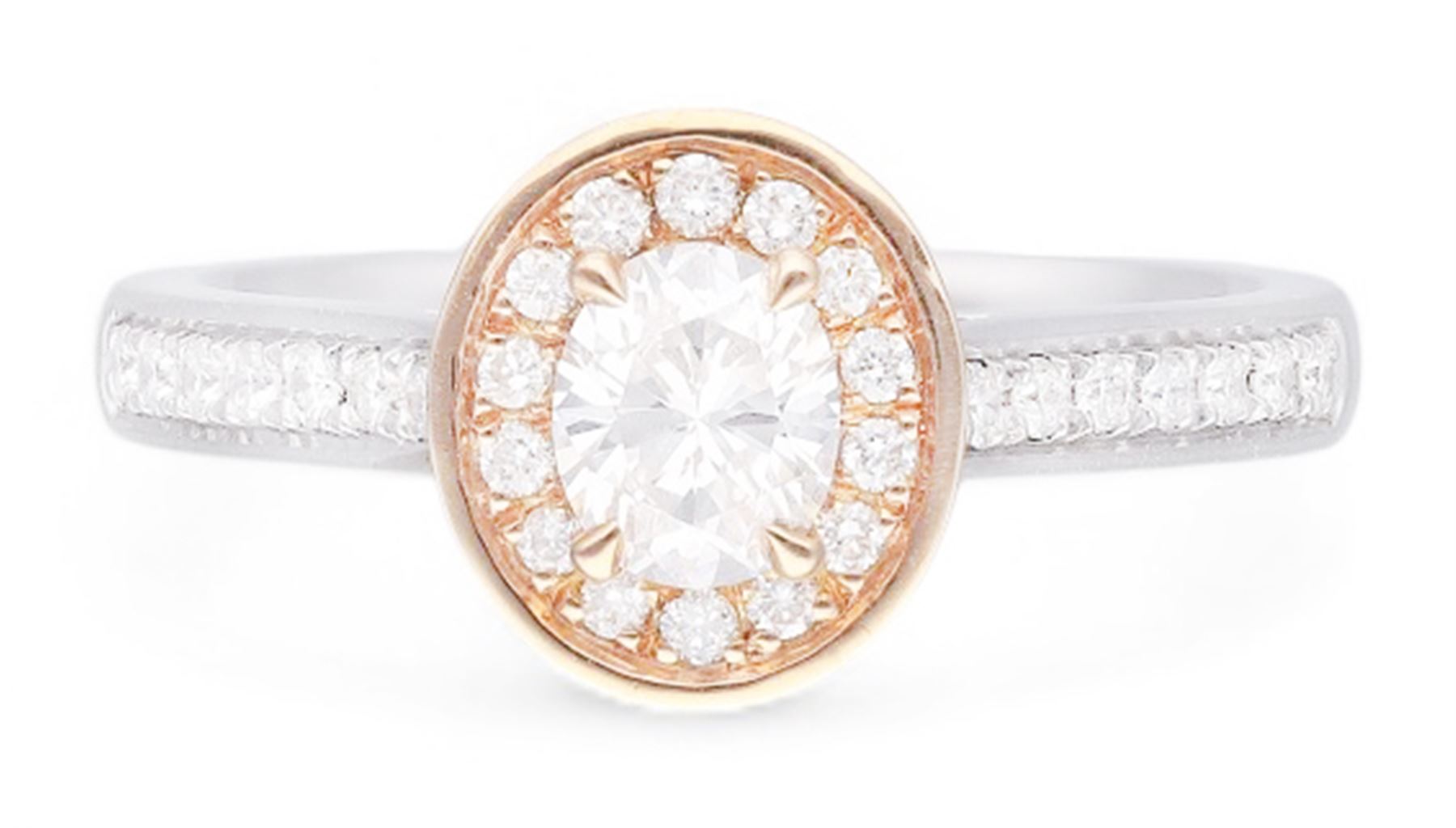 18ct white and rose gold diamond halo cluster ring, the principal oval cut diamond of approx 0.45 carat, with round brilliant cut diamond surround and diamond set shoulders, hallmarked, total diamond weight approx 0.70 carat