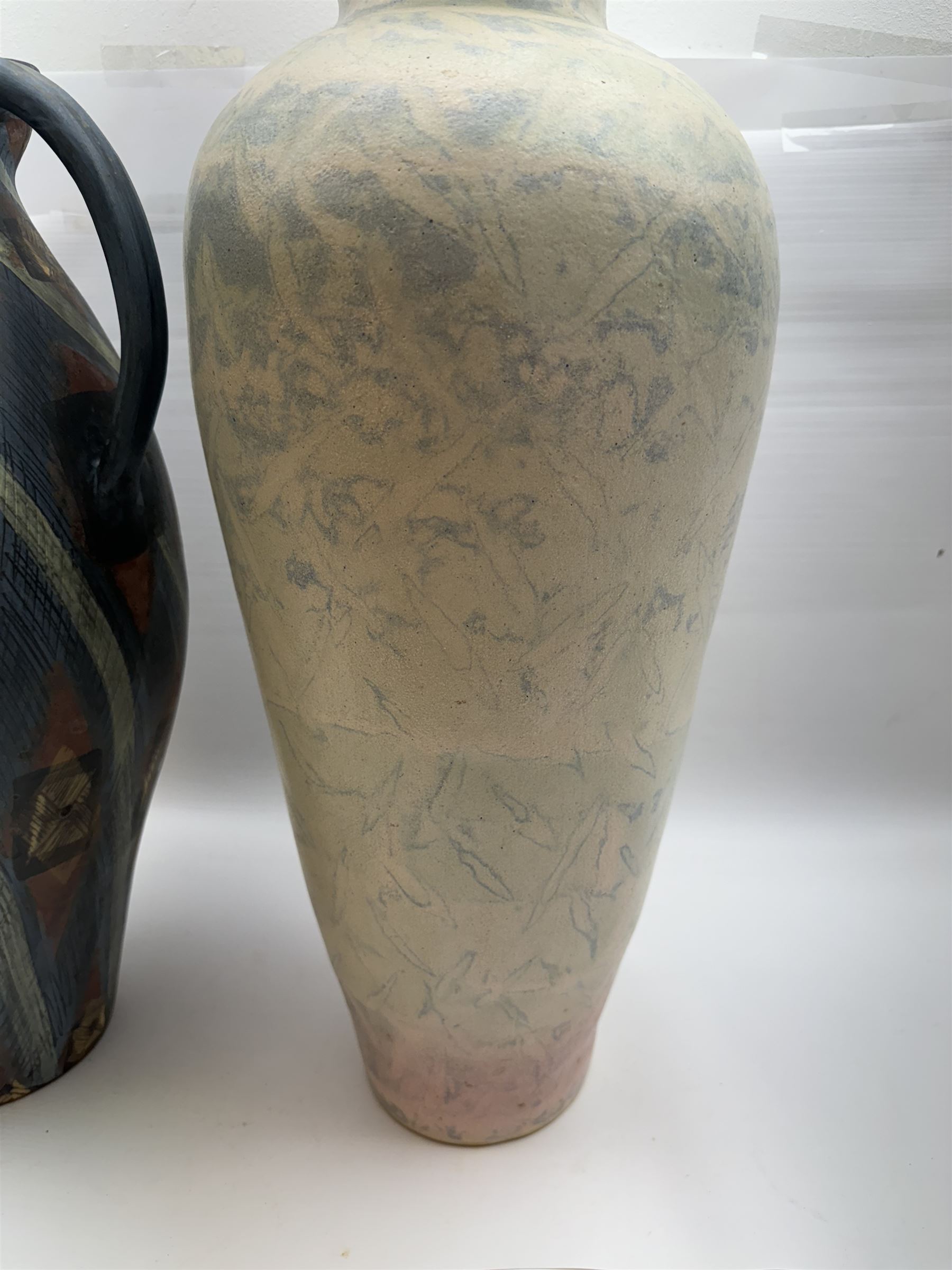 Jackie Walton; Studio pottery large jug decorated with geometric patters, together with another Jackie Walton vase, jug H52cm