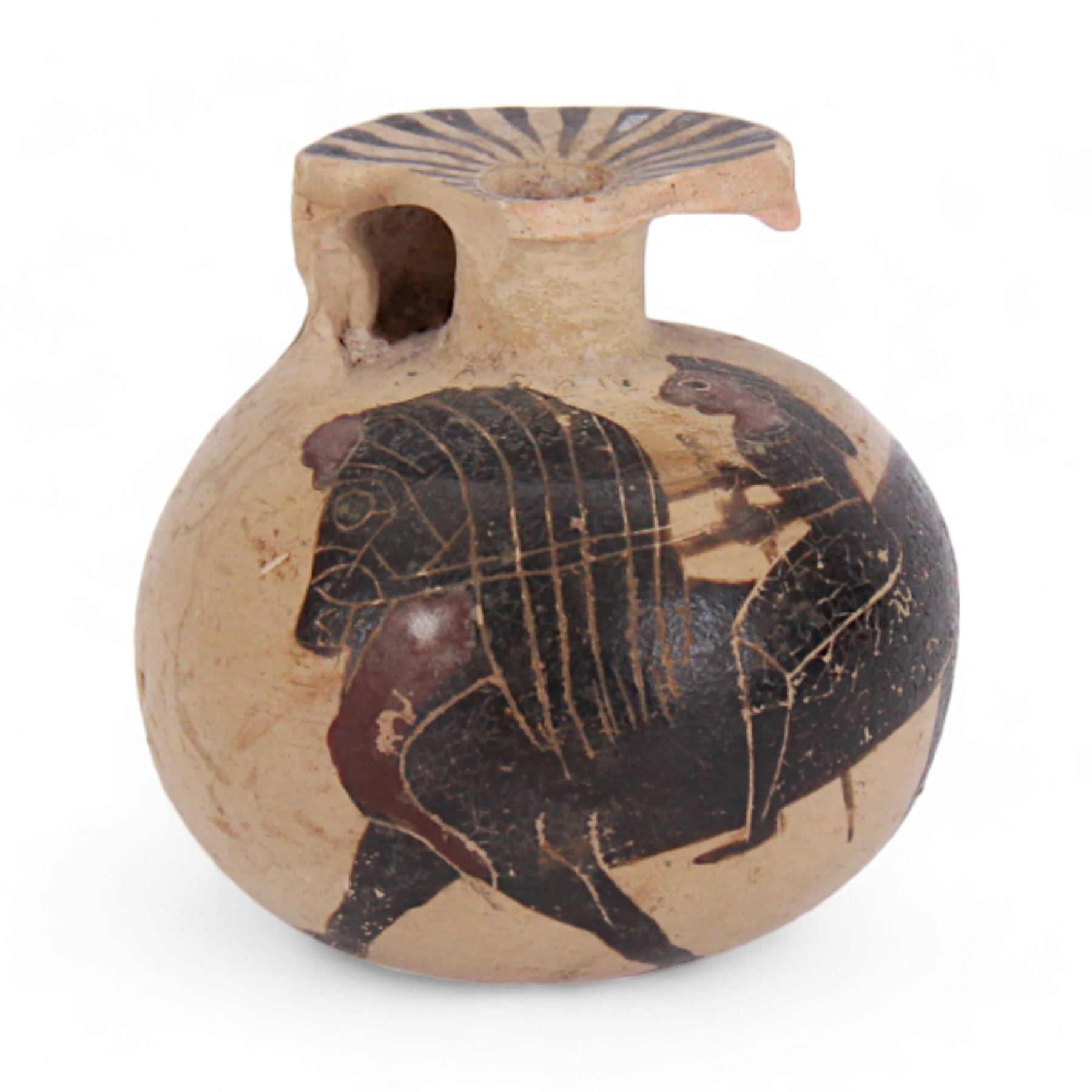 Greek Corinthian Black-figured aryballos, the spherical body painted with a figure on horseback, H6.5cm 