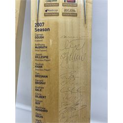Two signed Yorkshire County cricket bats, from 2007 and 2008 seasons, bearing signatures including Darren Gough, Jason Gillespie, Younus Khan, Michael Vaughn and Tim Bresnan, etc