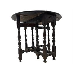 17th century oak table, oval drop-leaf top on gate-leg action base, turned supports united by turned stretchers 