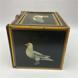 Small wooden collectors chest, painted to each side with birds upon a black ground within red and yellow borders, opening to reveal a compartmentalised interior containing one long drawer above two smaller drawers, H13cm, W18cm, D14.5cm