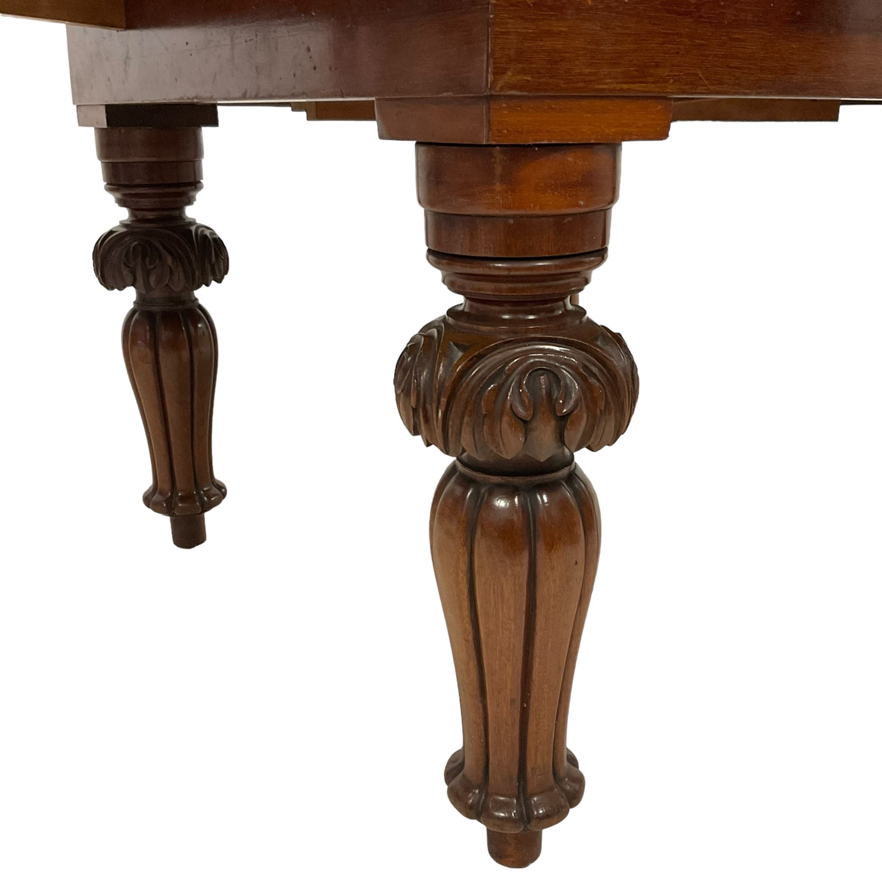 Victorian mahogany draw-leaf extending dining table, rectangular top with two additional leaves, on turned foliage carved and lobe moulded supports