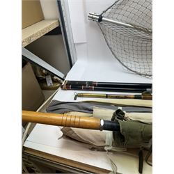 Collection of fishing rods, including fiberglass Goldcrest cuckoo, Mitre Hardy split cane, boat rod, etc 