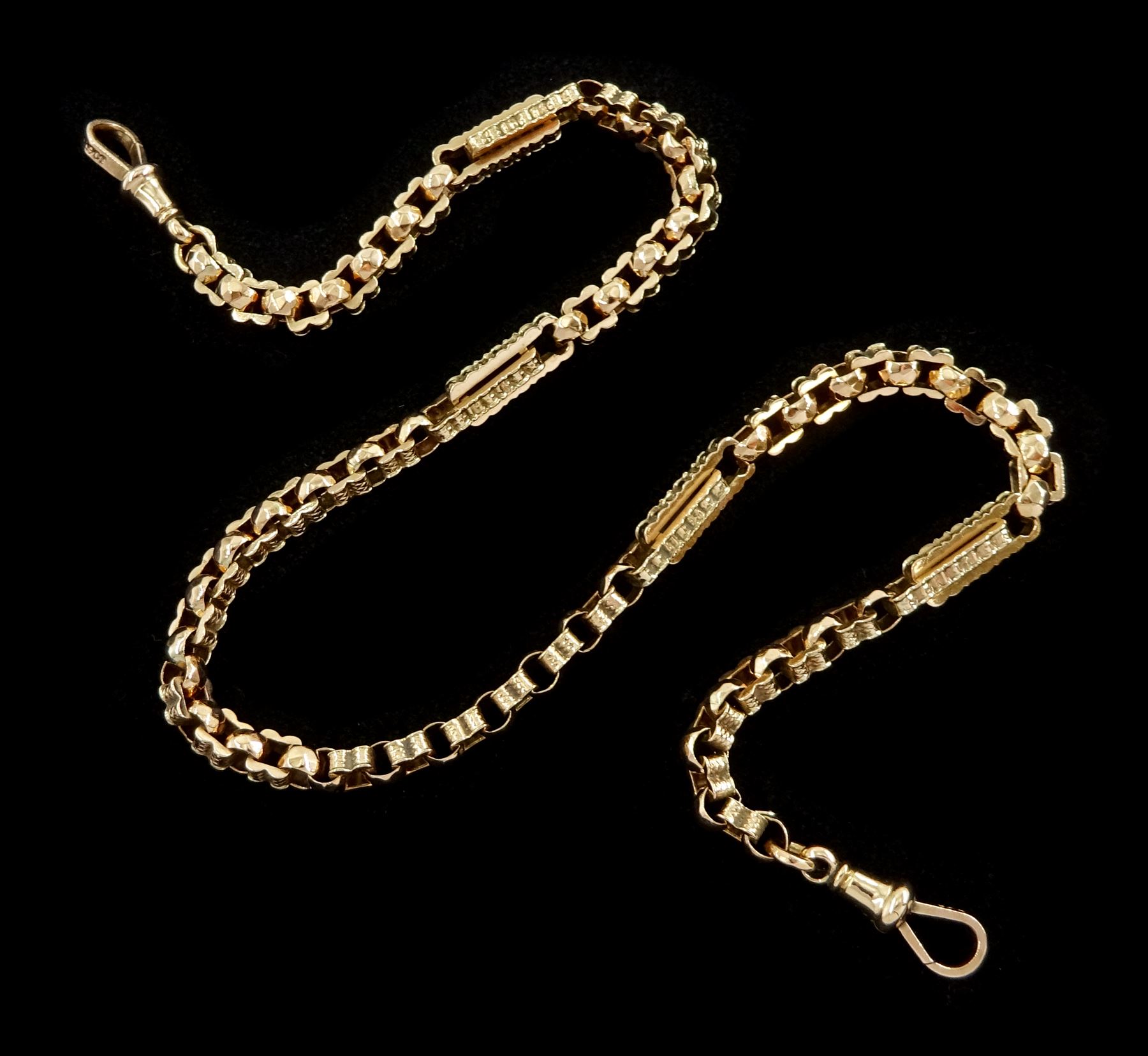 Victorian 9ct rose gold fancy faceted and rectangular link chain necklace, with two clips, stamped