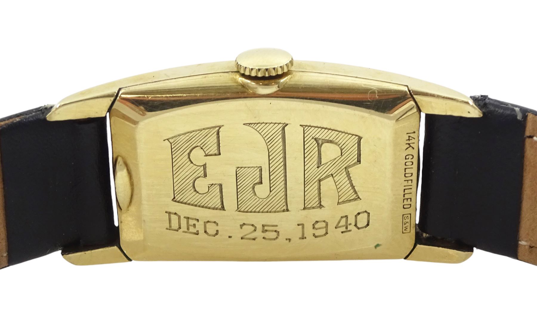 Lord Elgin gold-plated gentleman's manual wind rectangular wristwatch, the back case initialled and dated 1940 and a Bulova gold-plated manual wind wristwatch, both silvered dials with subsidiary seconds dial