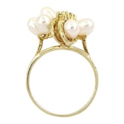 9ct gold pearl and three stone diamond cluster ring, Birmingham import mark 1992