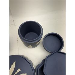 Wedgwood dark blue Jasperware covered trinket boxes of various shapes 