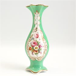 Coalbrookdale style porcelain scent bottle, the baluster form body encrusted with flowers, pair of 19th century twin handled vases, each hand painted with flower sprays, a similar vase H21cm and saucer (5)