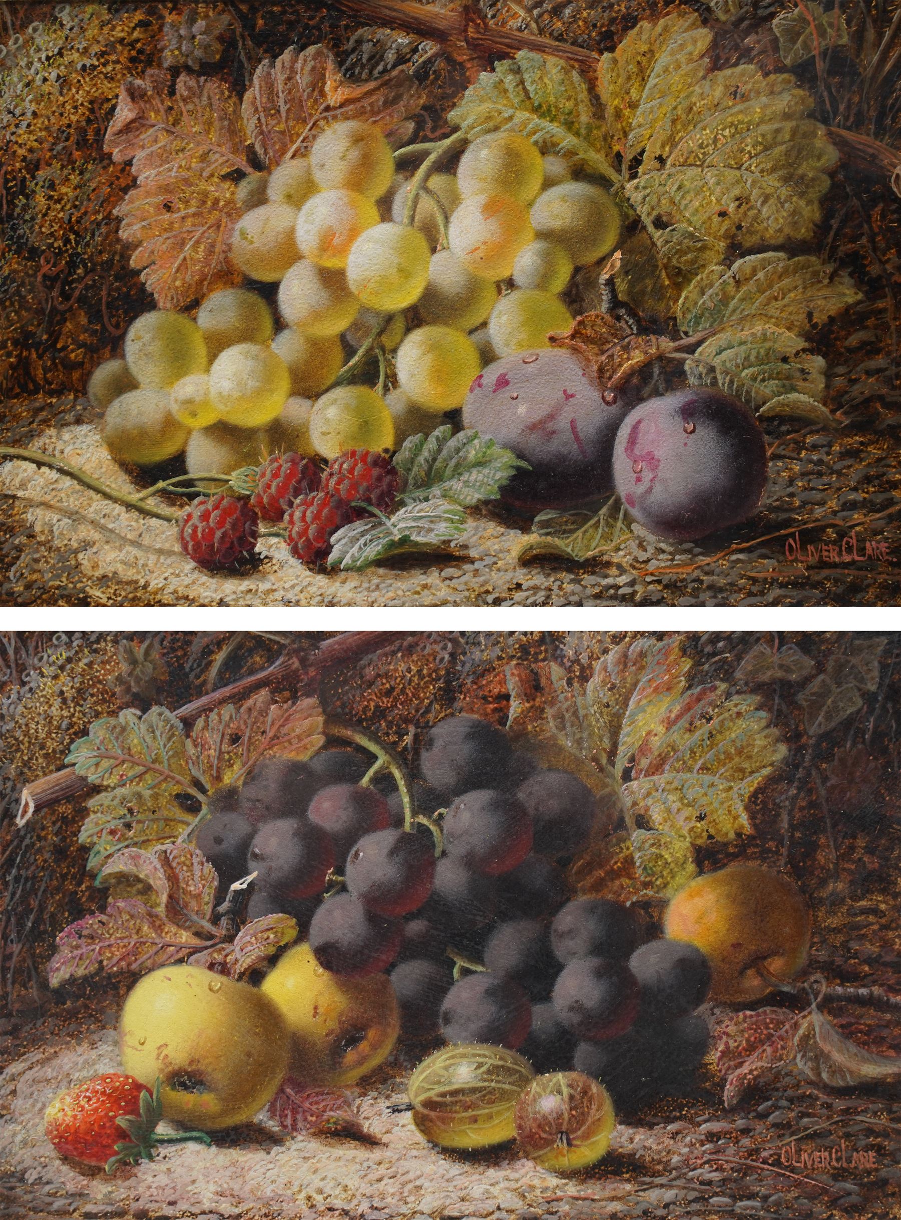 Oliver Clare (British 1853-1927): Still Life of Fruit on a Mossy Bank, pair oils on board signed 15cm x 23cm (2)