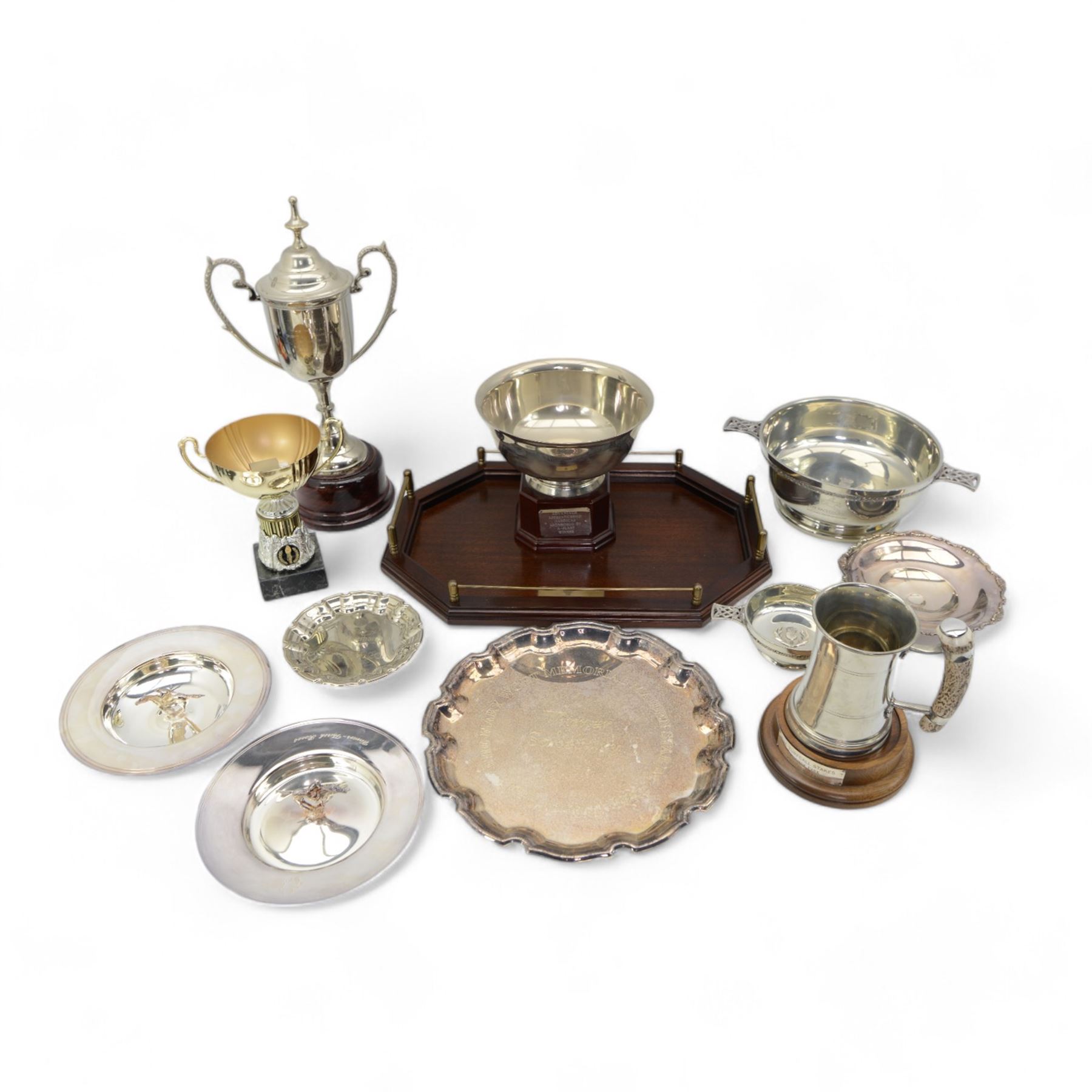 Large plated quaiche with Ayr racecourse inscription D23cm, plated challenge cup and cover 'Sandown Park', and other plated items variously engraved 