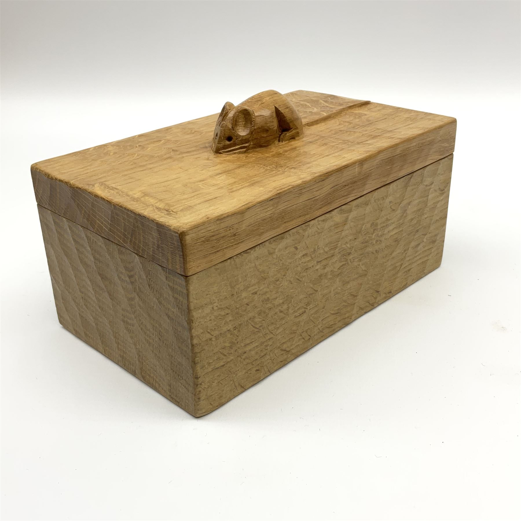 'Mouseman' adzed light oak trinket box with cover, carved mouse signature, by Robert Thompson of Kilburn