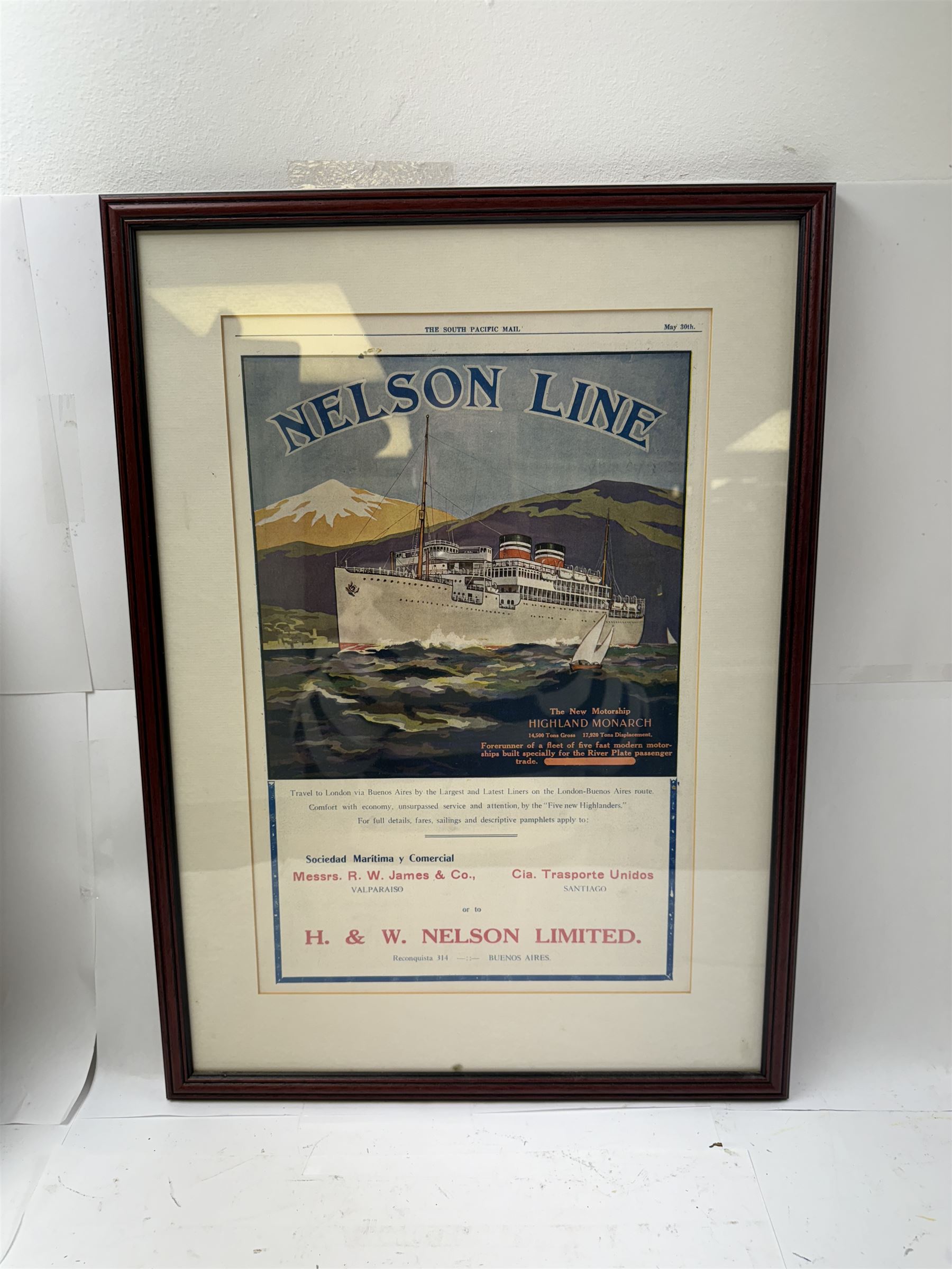 Nelson Line, 'Highland Monarch' advertising poster, together with a 1920s share certificate for Companhia Colonial de Navegacoa, both framed, tallest H47cm