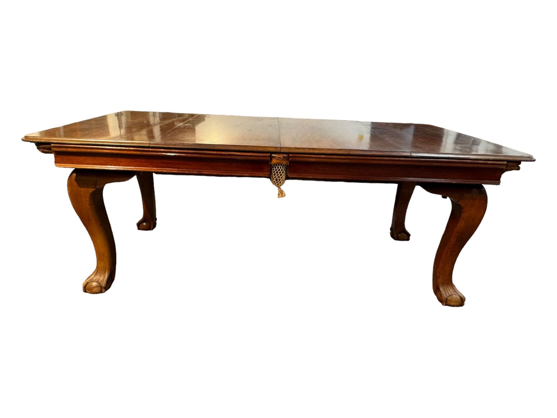 Riley - mahogany slate bed snooker dining table, green baize playing surface fitted with leather net pockets, raised on cabriole supports ending in ball and claw feet; together with set of Riley cues, balls and scoreboard