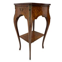 Late 20th century French design Kingwood lamp table, shaped form with geometric parquetry inlaid top within band and raised lip, fitted with single drawer and slide, on cabriole supports united by undertier, decorated with ornate cast gilt metal mounts and terminal caps 