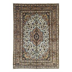 Persian Kashmar pale green ground rug, shaped central medallion decorated with stylised fl...