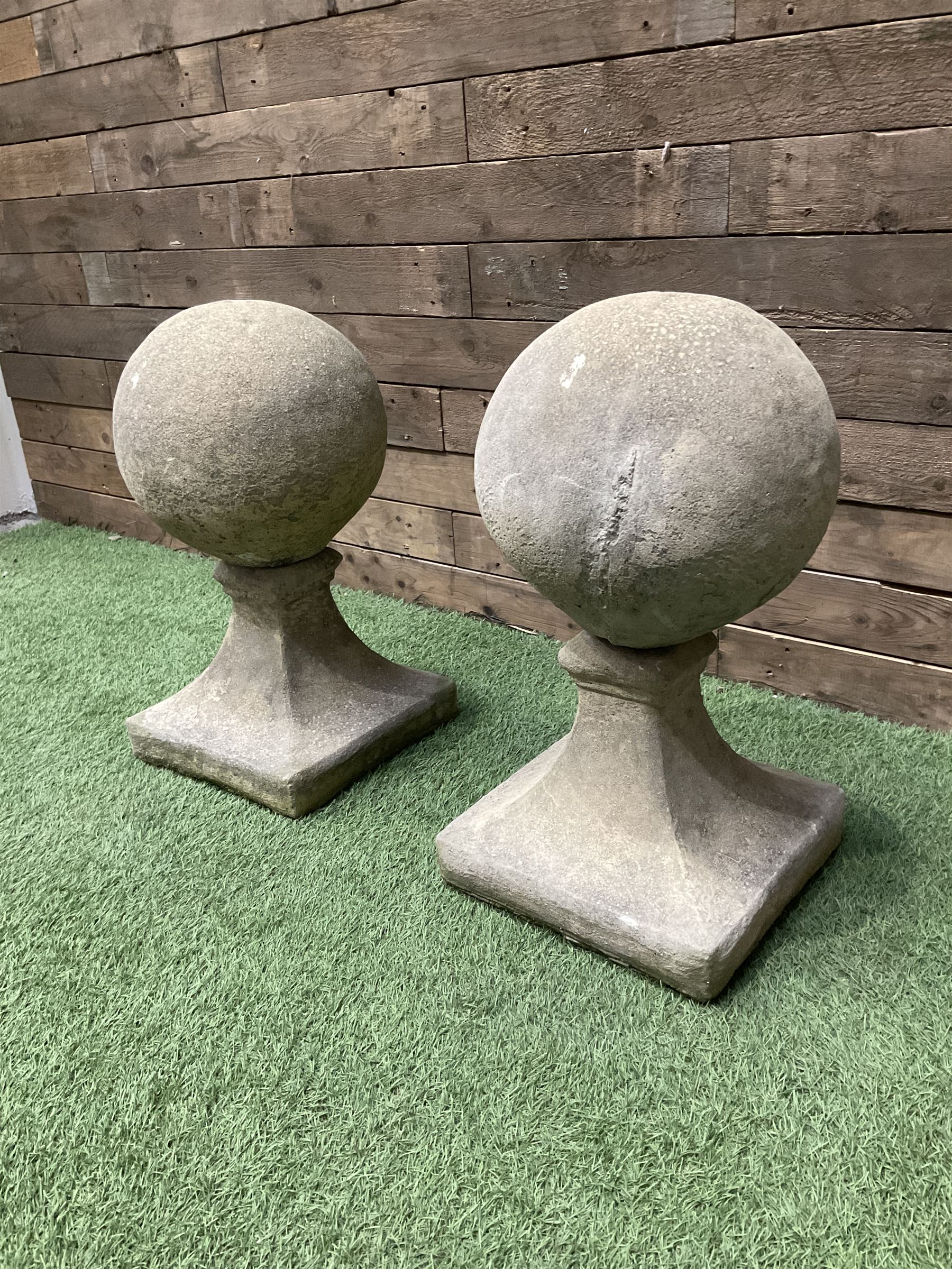 Pair of cast stone garden spherical ball finials or gatepost tops, D35, H60 - THIS LOT IS TO BE COLLECTED BY APPOINTMENT FROM DUGGLEBY STORAGE, GREAT HILL, EASTFIELD, SCARBOROUGH, YO11 3TX